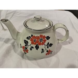 Red Poppy Hall Teapot 4 Cup with Silver Trim Vintage and Retro